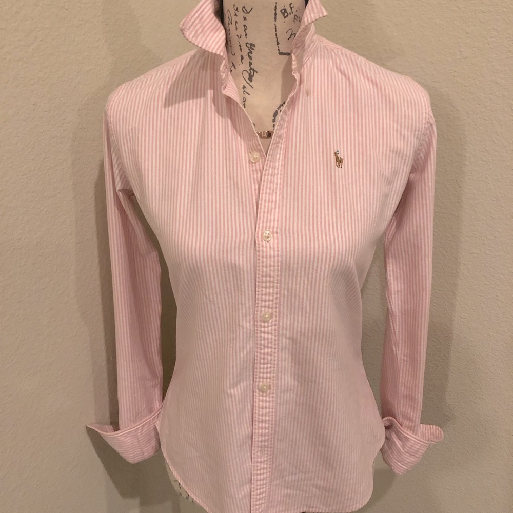 Classic Ralph Lauren Pink & White Striped Oxford Button Down-Size 2